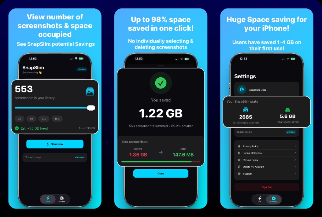 SnapSlim on iPhone: library stats and estimated space to free, success screen with before and after sizes, and settings with lifetime screenshots slimmed and total space saved.